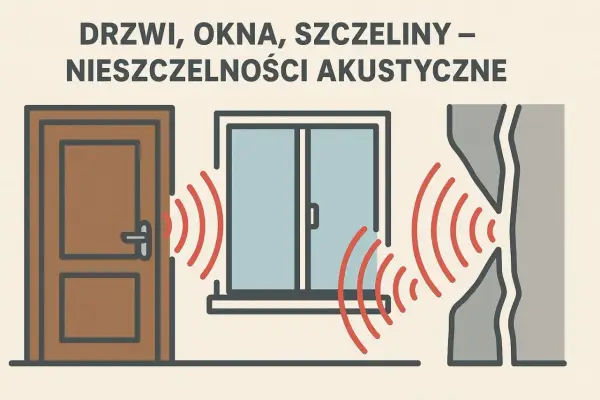 Dźwięk przenika przez szparę między drzwiami a futryną, okno i pęknięcia w ścianie, powodując nieszczelności akustyczne.